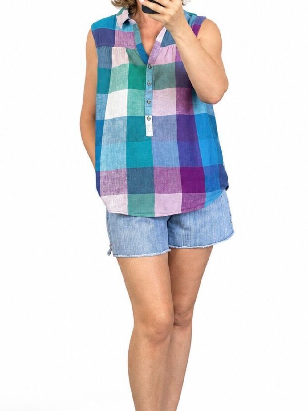 Time and Tru Plaid Linen Blend Sleeveless Blouse